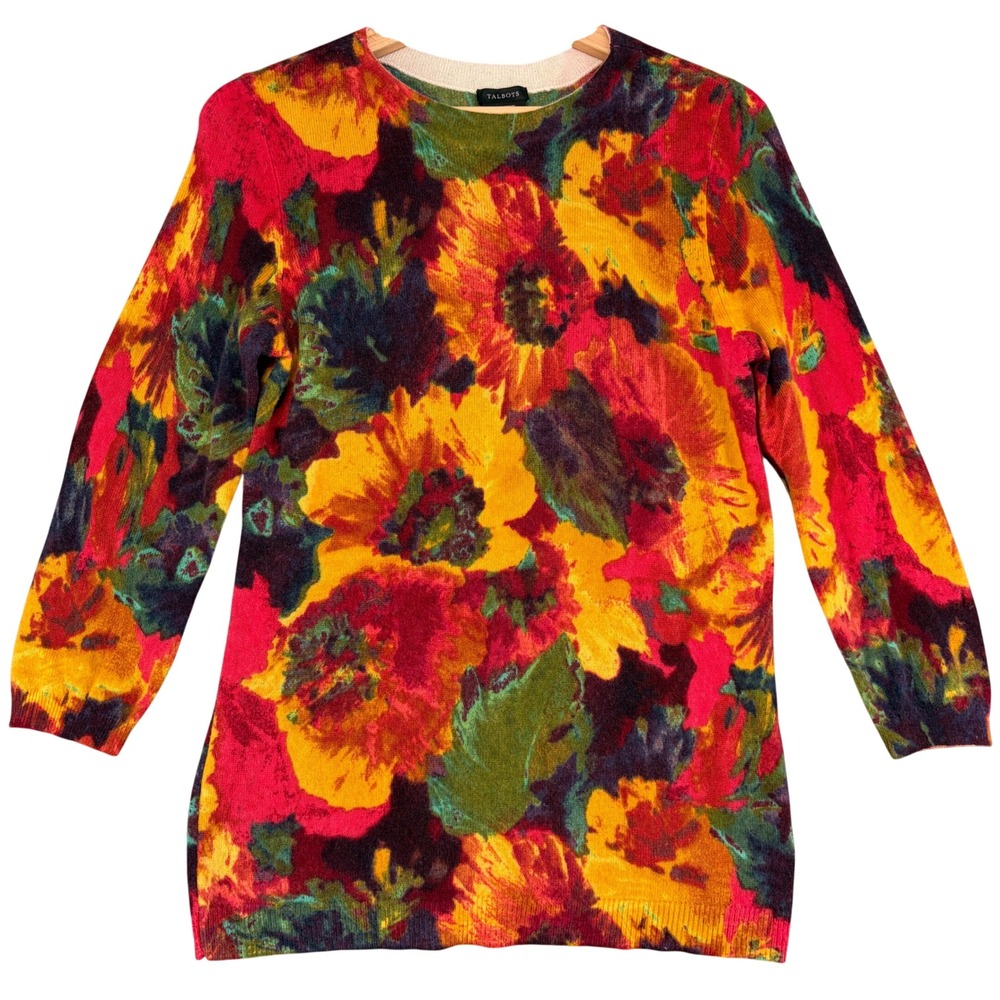 Talbots Pure Cashmere Floral Crewneck Sweater Medium Quiet Luxury Soft 3/4 Slv